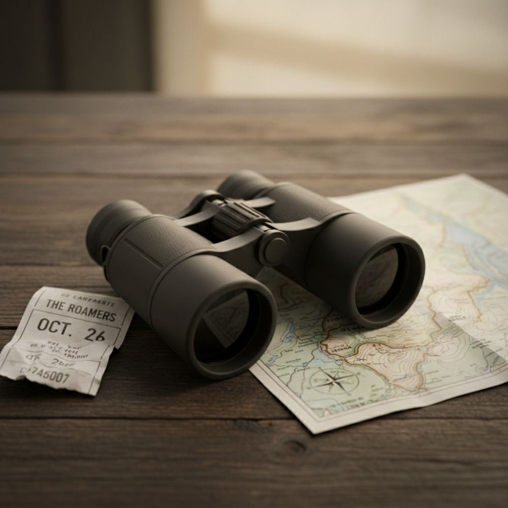 Jumelles noires posées sur une carte et un ticket de transport sur une table en bois, illustrant le guide complet pour choisir la meilleure puissance et le bon grossissement pour des jumelles.