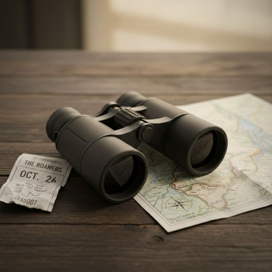 Jumelles noires posées sur une carte et un ticket de transport sur une table en bois, illustrant le guide complet pour choisir la meilleure puissance et le bon grossissement pour des jumelles.