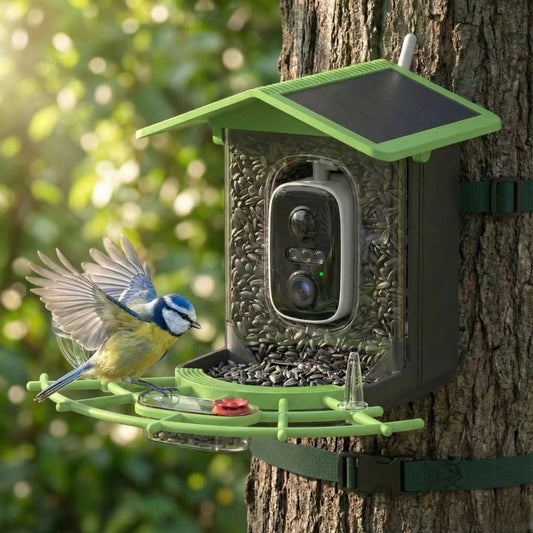 Mésange bleue mangeant des graines de tournesol sur une mangeoire oiseaux jardin