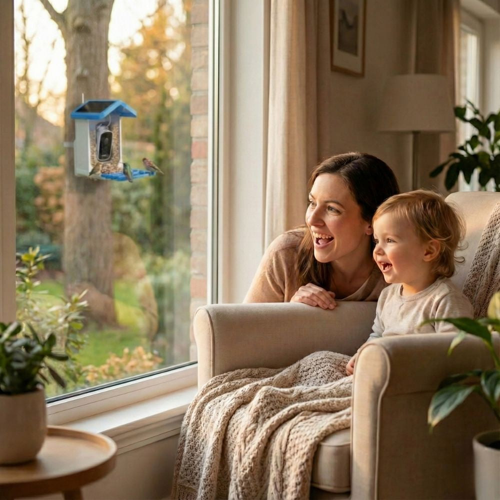 Mère et enfant observant les oiseaux par la fenêtre avec une mangeoire connectée