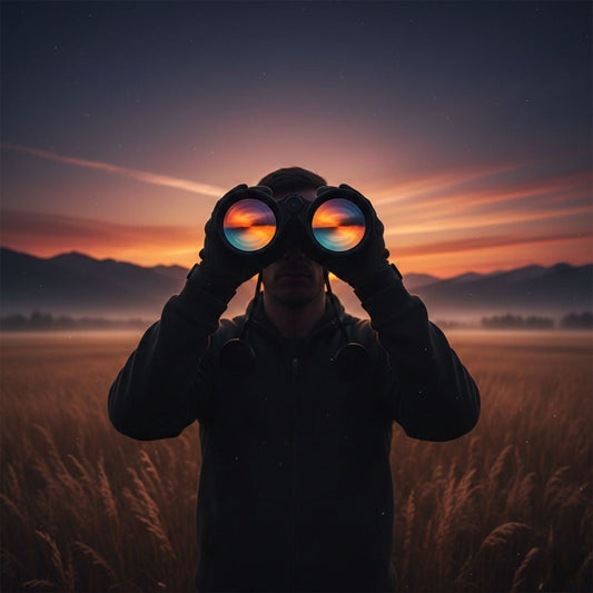 Observateur utilisant des jumelles 10x50 lumineuses au crépuscule pour la chasse