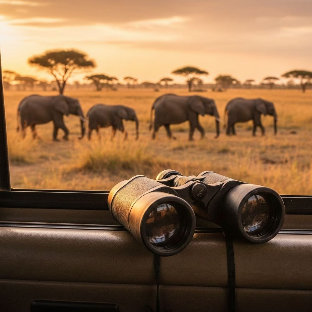 Jumelles de safari posées sur un 4x4 avec éléphants en arrière plan au Kenya