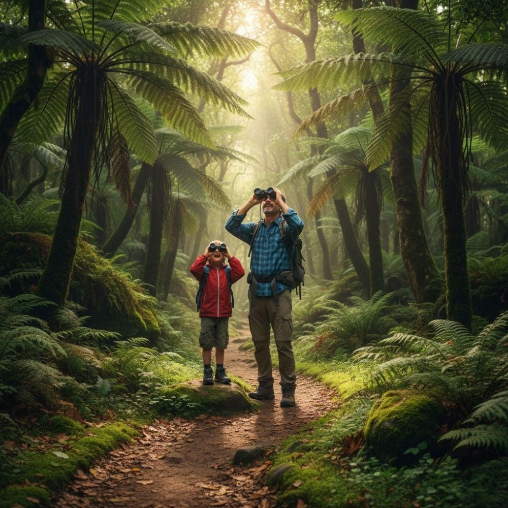 Père et fils observant les oiseaux avec des jumelles de randonnée en forêt