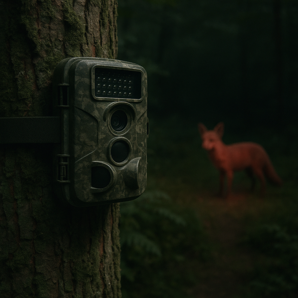 caméra de chasse installée sur un arbre observant un renard la nuit en forêt