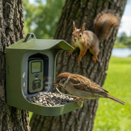 Écureuil essayant d'atteindre les graines d'une mangeoire oiseaux anti-nuisibles