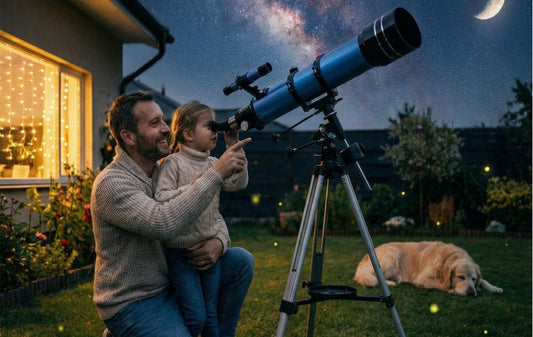 Père et fille observant la lune avec un télescope pour débutant dans le jardin